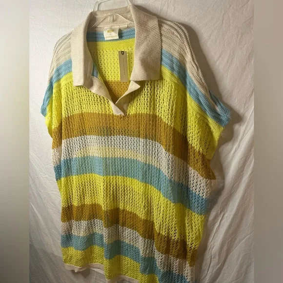 NWT Maeve Anthropologie Open Knit Polo Sweater One Size Striped Summer Layer - Picture 2 of 7